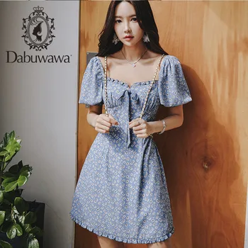 

Dabuwawa Vintage Square Collar Floral Print Dress Women Puff Sleeve High Waist Bow Boho Sweet Slim Dresses Female DT1BDR024