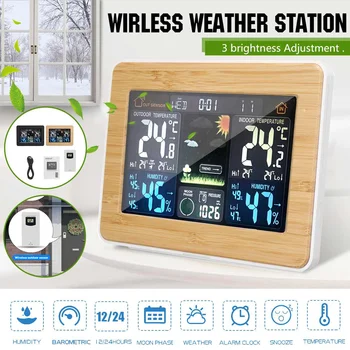 

LED Weather Station Alarm Clock Thermometer Hygrometer Barometer Wireless Sensor with Snooze Function USB Charger