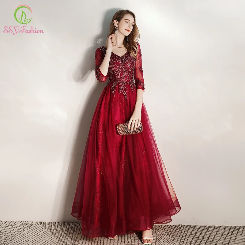 Женское вечернее платье SSYFashion элегантное винно-красное с рукавом до локтя