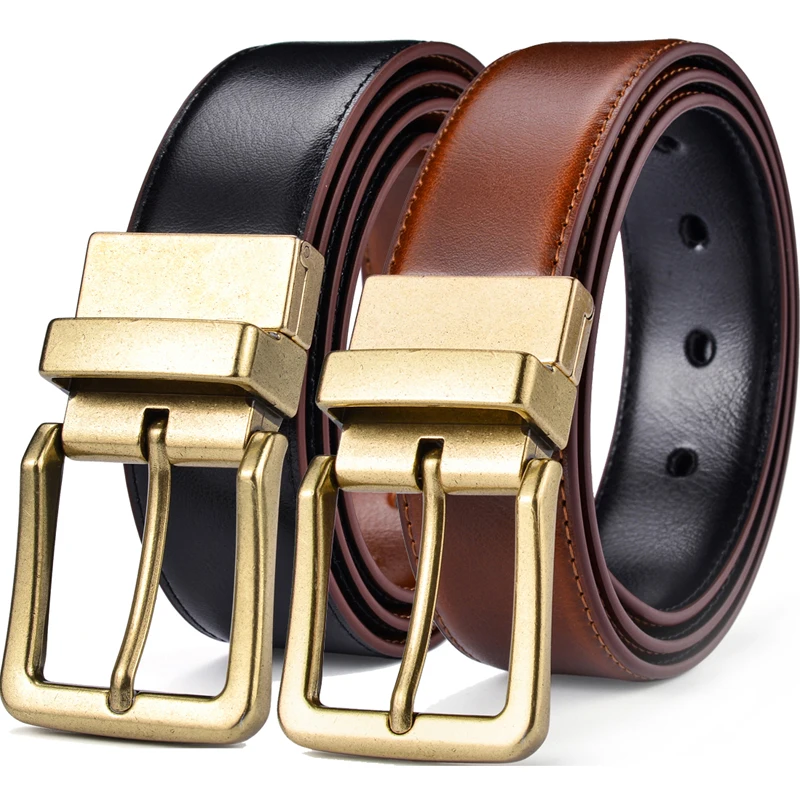 Men's Leather Reversible Belts Adjustable Antique Style Rotated Buckle