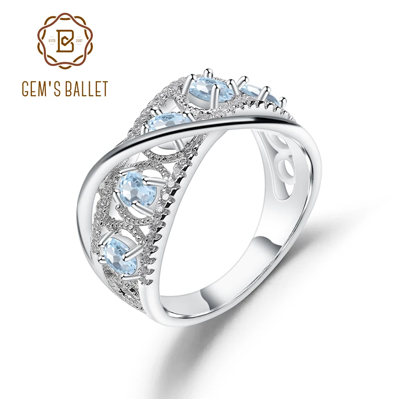 GEM'S балетное 925 пробы, серебряное кольцо с разрезом, кольцо на палец с натуральным небесно-голубым топазом, кольца с драгоценным камнем для женщин, хорошее ювелирное изделие
