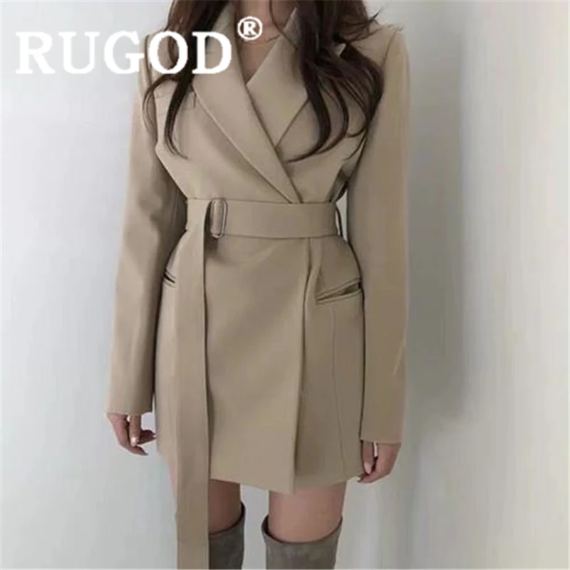 RUGOD/женские сплошные блейзеры, приталенный Блейзер со шнуровкой, пальто с поясом, новая осенняя модная женская элегантная Офисная Женская одежда - Цвет: Хаки