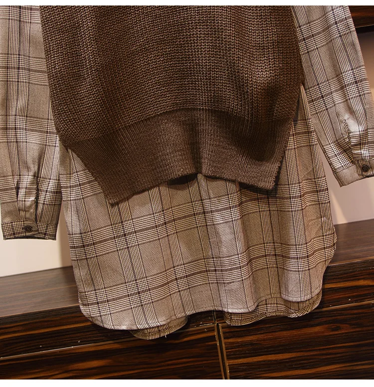 XL-5XL размера плюс, женские вязаные свитера, зима, модные хлопковые клетчатые рубашки с длинным рукавом, пэтчворк, имитация 2 частей, трикотаж