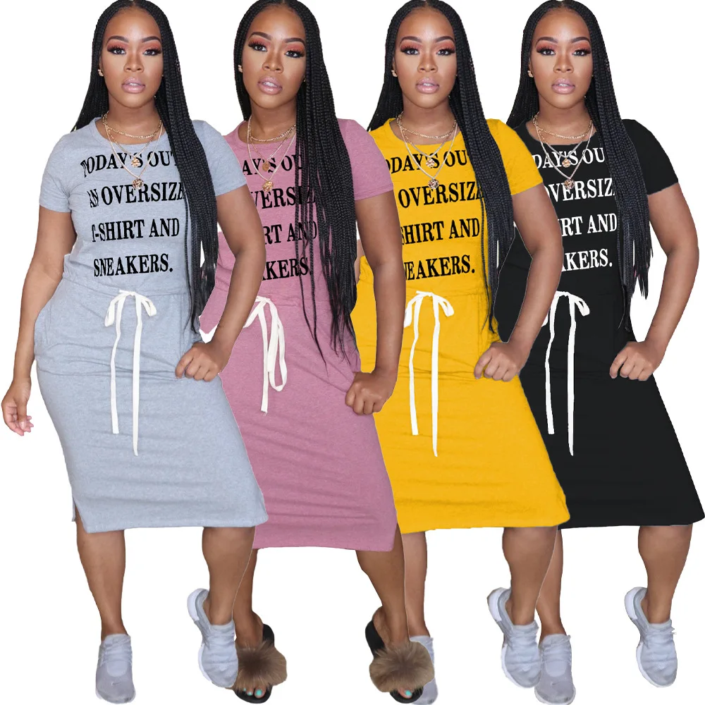 

Spot 2020 European and American fashion solid color fashion women's letter belt drawstring slit dress