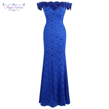 

Angel-fashions Women's Off Shoulder Floral Lace Satin Mermaid Evening Dresses Long Royal Blue W-190813-L