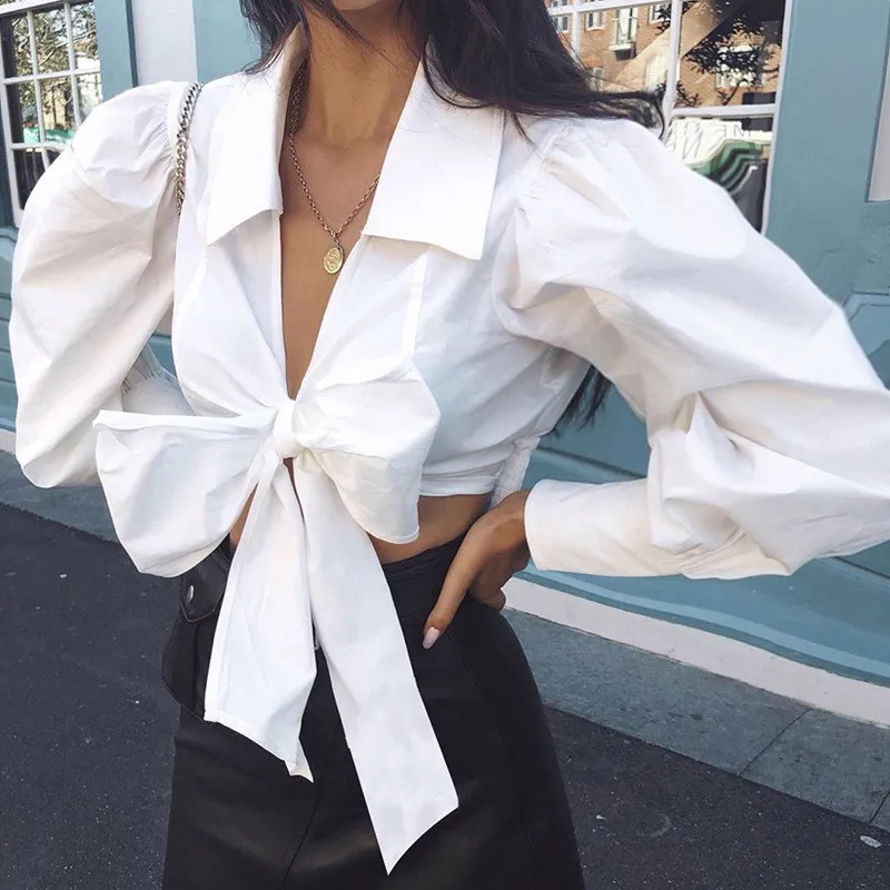 

High Street Notched Long Sleeve T Shirt Women Elegant White Tie Up Cropped Shirts Spring Autumn Fashion Crop Top TShirts 2019