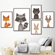 Cute Raccoon Fox Bear Rabbit Deer Animals Nordic Posters And Prints Wall Art Canvas Painting Wall Pictures Baby Kids Room Decor