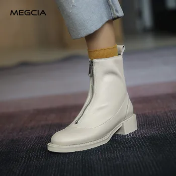 

MEGCIA Designer Ankle Boots Square Low Heel Shoes Front Zipper Boots Women Genuine Leather Vintage Ladies Short Boot Autumn A39