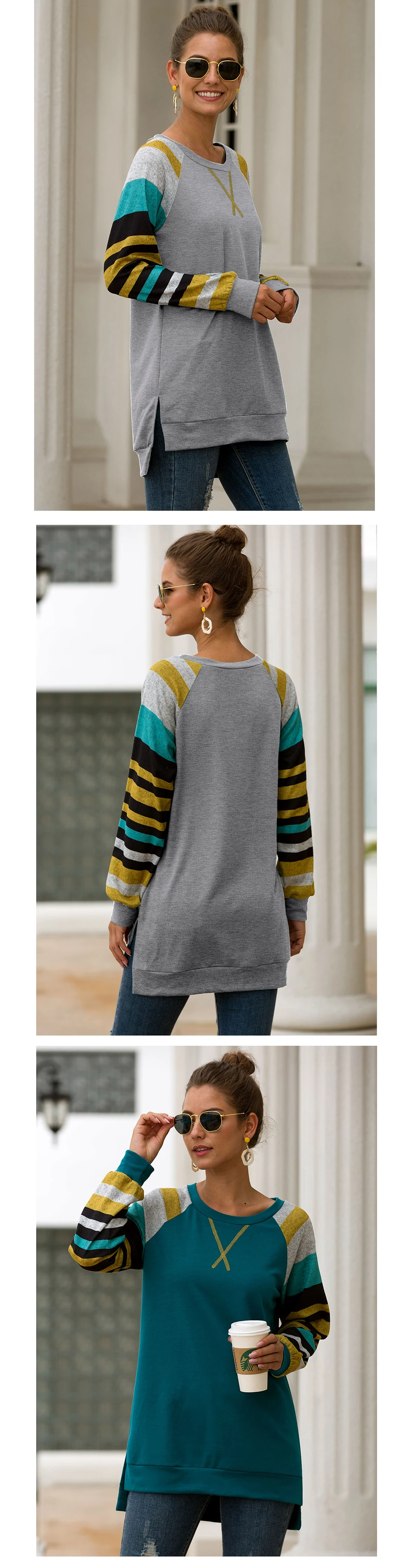 CINESSD полосатые Лоскутные Повседневные топы, женская футболка с круглым вырезом и длинным рукавом, Свободный пуловер с вышивкой, Асимметричная футболка-туника