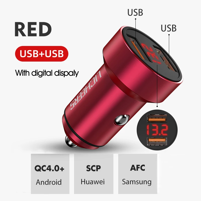 Licheers Quick Charge 4,0 3,0 USB Автомобильное зарядное устройство для iPhone Xiaomi samsung QC4.0 QC3.0 QC Dual USB PD быстрое автомобильное зарядное устройство для мобильного телефона - Название цвета: red digital