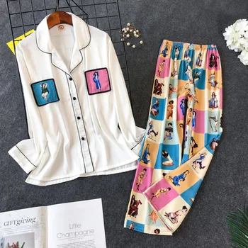 

Pajama Printing 2019 Set New Woman Korean Sweet Lovely Rayon Long Sleeve Trousers Twinset Pijama