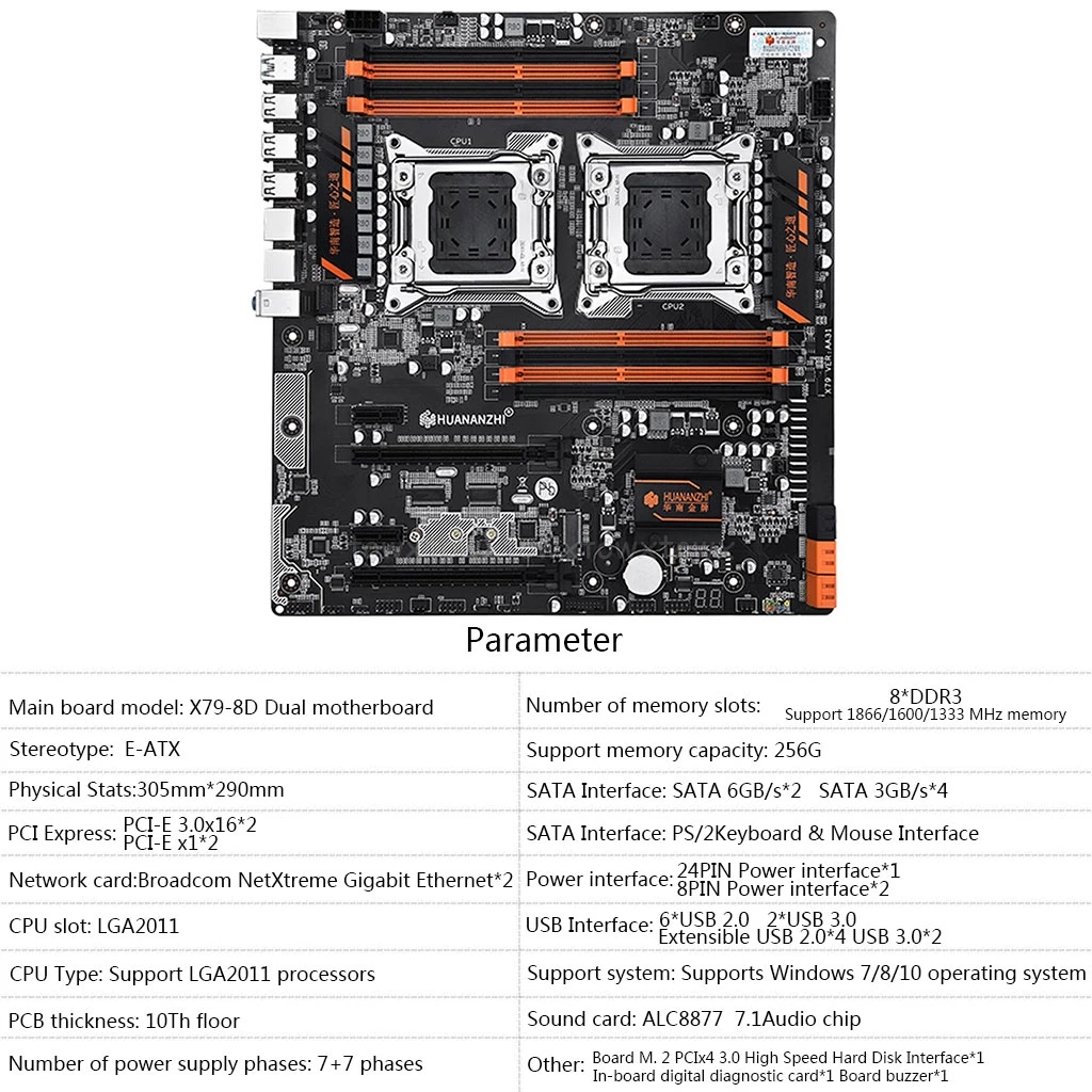 Huananzhi X79-8D материнская плата, отдельные части двухъядерного процессора Intel Процессор LGA 2011 E5 2689 2670 V2 DDR3 1333/1600/1866 МГц 256 ГБ M.2 NVME SATA3 USB3.0 E-ATX