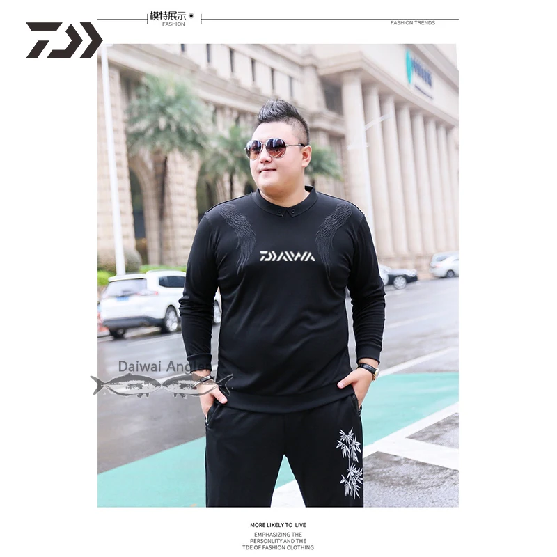 Daiwa одежда, мужская рубашка для рыбалки, повседневная, весна-осень, круглый вырез, свободный, большой размер, черный, длинный рукав, одежда для рыбалки, для улицы, 2XL-7XL