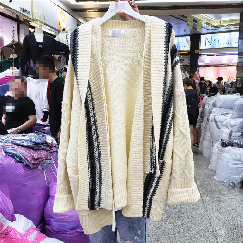 

Loose Cardigan Coat Women 2020 Autumn New All-match Fashion Stitching Striped Shawl Long Sleeve Cardigans Ladrge Size Sweater