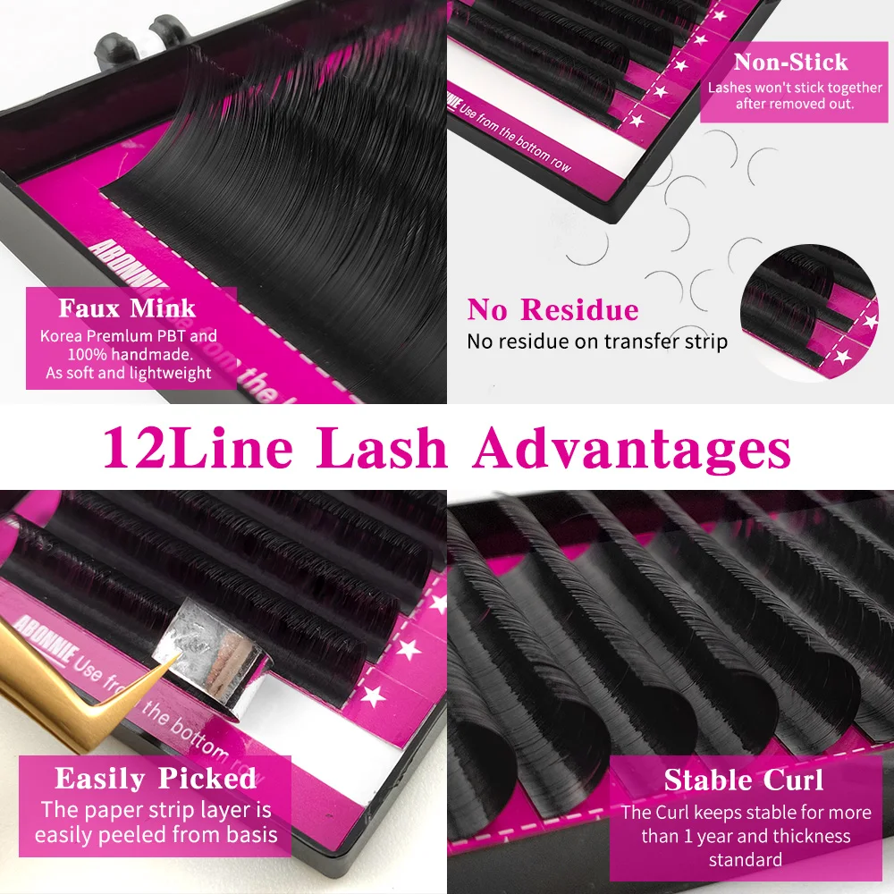 Abonnie  JBCD Curl Individual Lashes Black Mink  False Eyelashes  Premium Volume Lashes Fake Cilios 12rows All Size 8-17mm