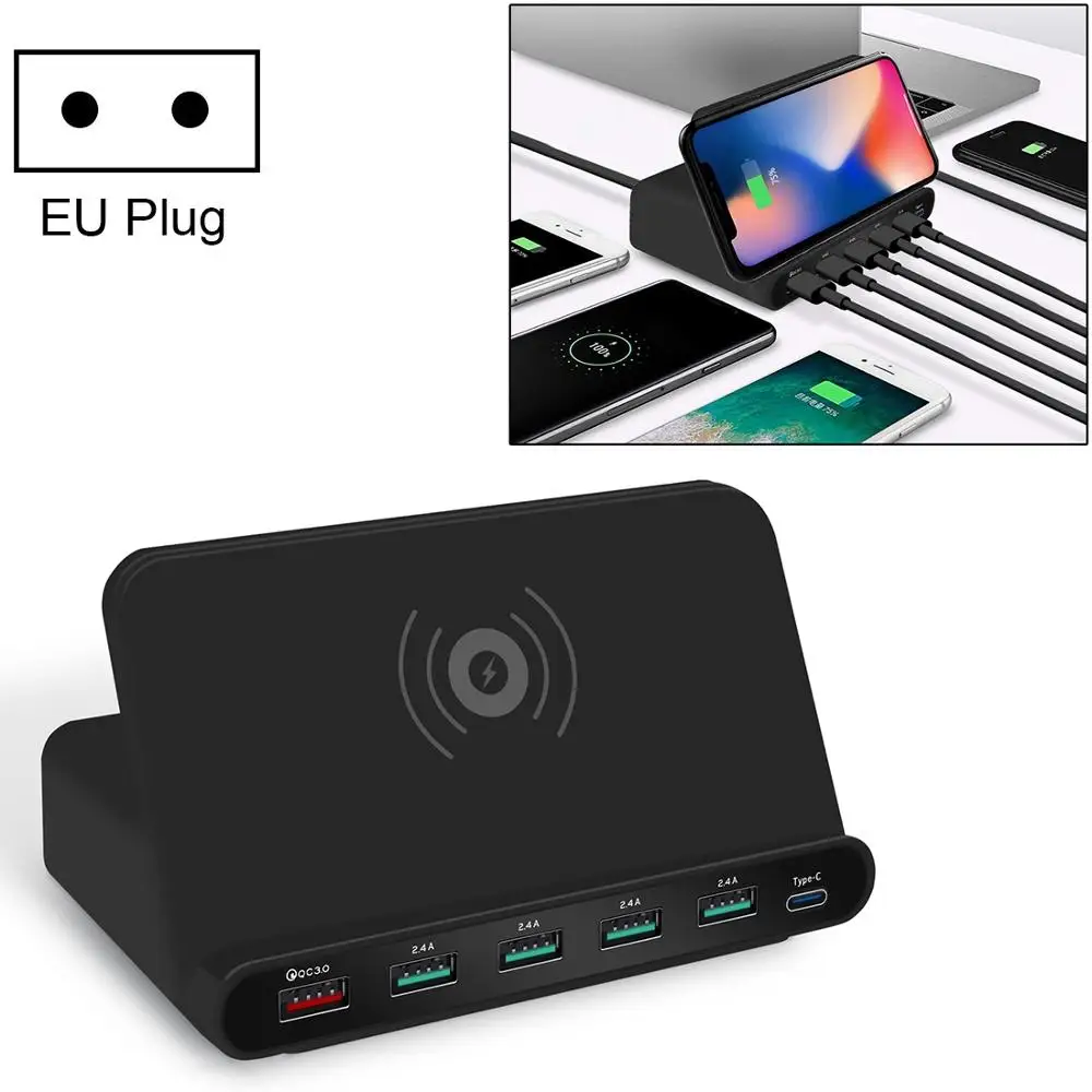 QC 3,0 USB интерфейс+ 2,0 usb порты+ USB-C/type-C Интерфейс+ 10 Вт Беспроводная зарядка многофункциональное зарядное устройство с мобильным телефоном - Тип штекера: EU Plug Black