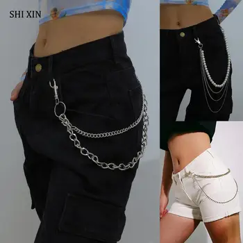 

SHIXIN Punk Layer Long Pearl/Rhinestones Waist Key Chain Metal Wallet Pant Chains Belt Keychain for Keys Women Jeans Accessories
