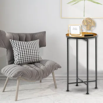 

End Table,Folding Metal Side Table,Round Accent Table,Sofa Tea Coffee Table with Removable Tray for Living Room,Bedroom,Balcony
