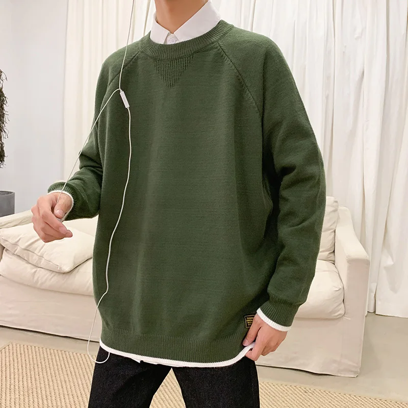 Свитер мужской теплый модный однотонный Повседневный свитер с круглым вырезом пуловер Мужской уличная свободный свитер большого размера большого - Цвет: Army green