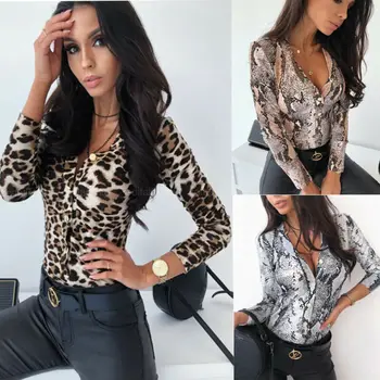 

Fashion Women V Neck Long Sleeve Bodycon Bodysuit Jumpsuit Slim Romper Leopard Autumn Sexy Women's Clothing Leotard