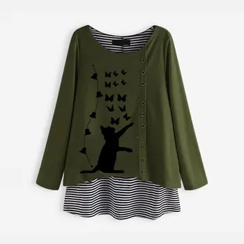 

Plus Size Women Cartoon Cat Butterfly Print Shirt Vintage Striped Patchwork Blouse Spring Long Sleeve Tops Casual Loose Blusas