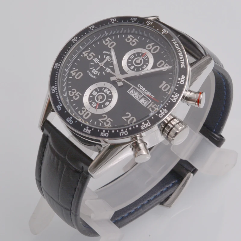 

corgeut 44mm black dial Silver Mark Multifunction Display Automatic Men Watch Leather Strap fashion