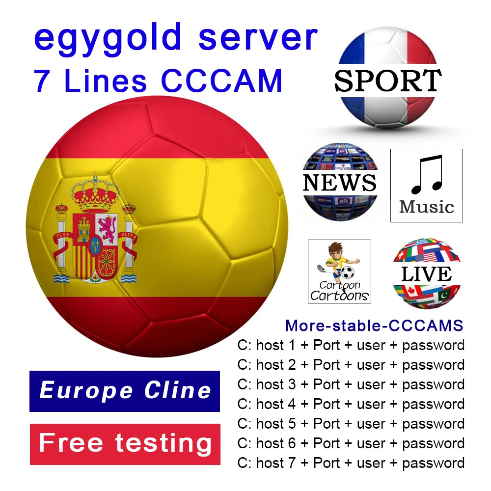 

European egygold cccam series, with the most channels cccam 7 lines Portugal Germany Poland