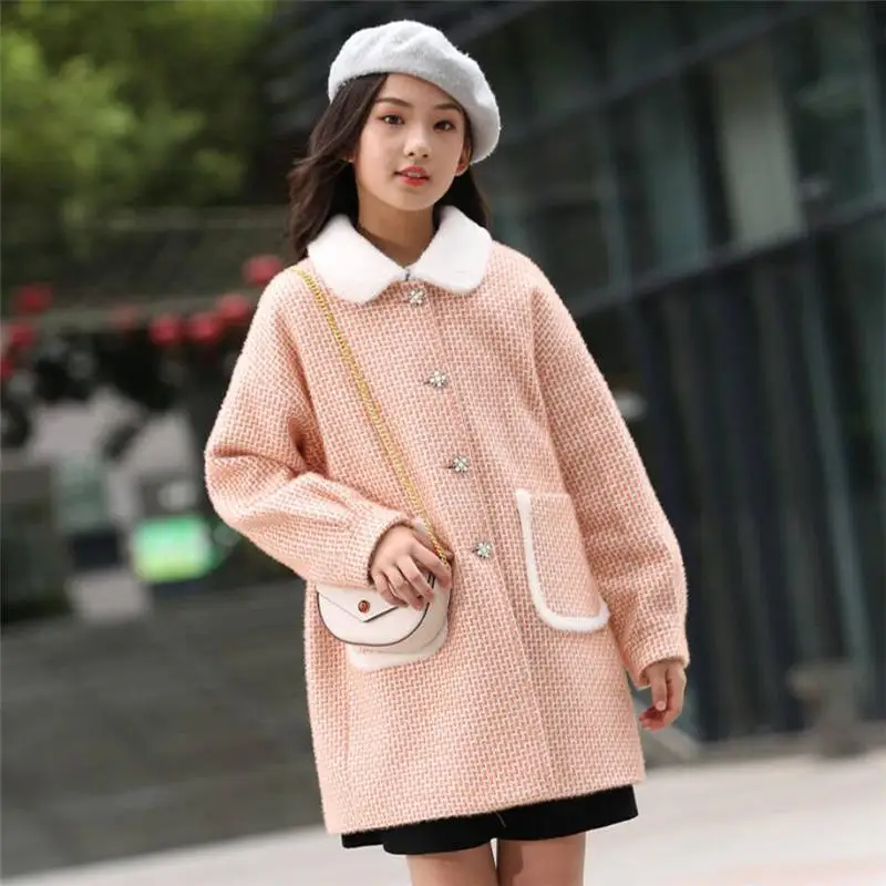 Autumn Winter Kids Girl Faux Mink Fur Overcoat Fashion Plaid Long Jacket Children Casual Turn-Down Collar Woolen Coats K20