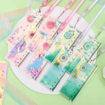

Cute Cartoon Gel Pen Glitter Liquid Pendant with Ruler Black Color Ink Writing Pens for School Office Supplies Stationery Kawaii