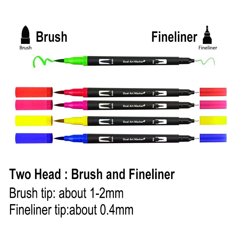 12 Color Set Dual Tip Art Marker Watercolor Brush Fineliner Pen