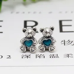 New Original 925 Sterling Silver Beads Bear Animal Charm Blue Red Enamel Fit Pandora Bracelets Women DIY Jewelry Dropship