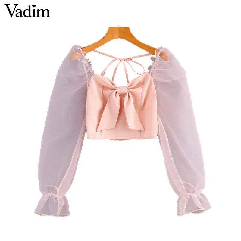 

Vadim women elegant patchwork pink crop top bow tie decorate transparent sleeve short blouses female chic tops blusas LB791