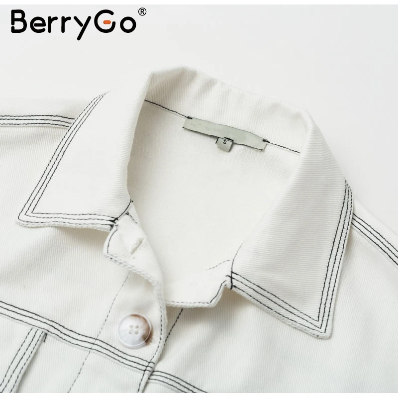 BerryGo элегантные женские джинсовые куртки с длинным рукавом Осенняя женская верхняя одежда хлопковая куртка с высокой талией пуговицы офисные женские белые пальто