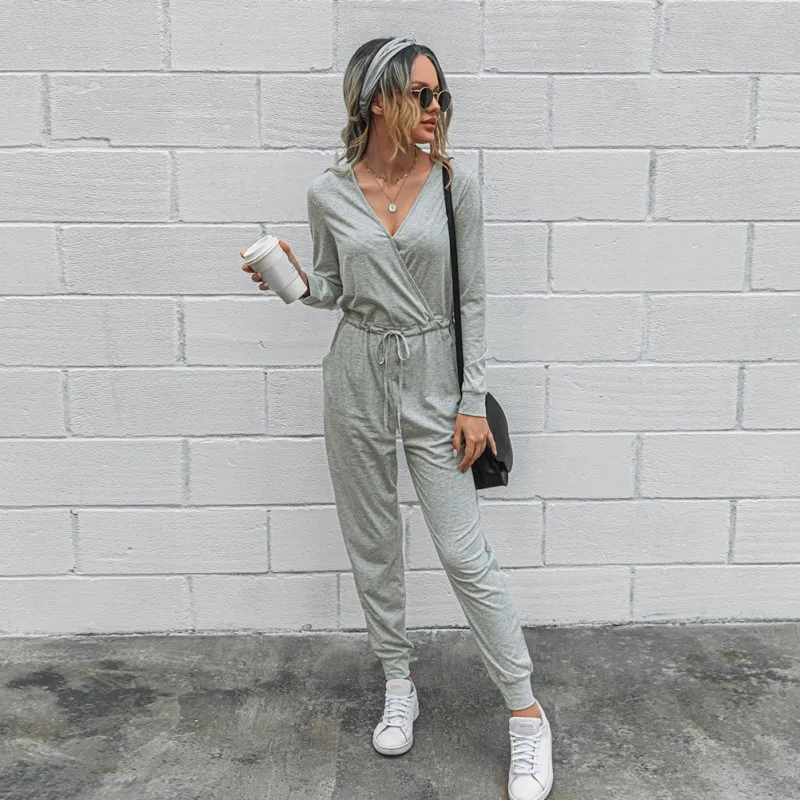 

New Autumn Women's Jumpsuit Fashion 2021 Spring Long Sleeve V Neck Lace Up With Pockets Solid Overalls Jumpsuits Playsuit