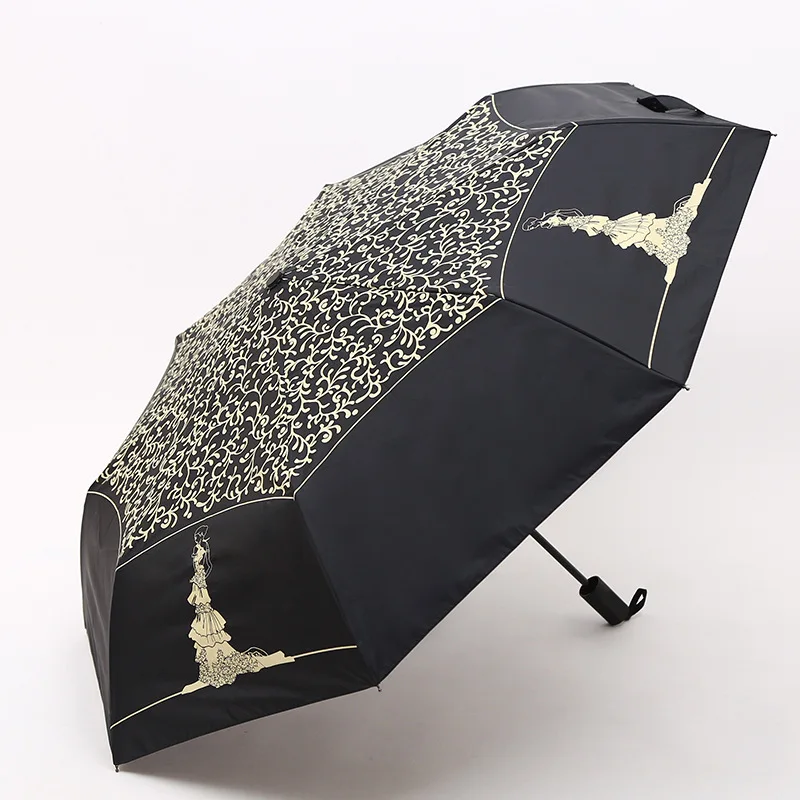Автоматический складной зонтик романтический свадебный с принтом солнцезащитный зонтик ветрозащитный двойной обратный Paraguas Tous зонтик с коробкой - Цвет: Black