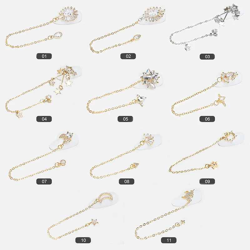 1 Pc Nail Charms Alloy Drill Chains Mixed Shape Ornament Bling Rhinestones Studs Charms 3D Nail Art Decoration Accessories