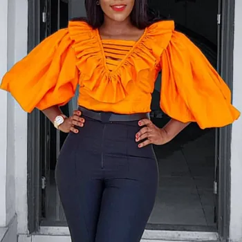 

Orange Women Blouse Autumn Fashion 2020 Lantern Sleeve Pleated Female Shirts Tops African Slim Women Blouses Shirts Lady