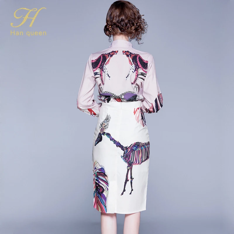 H Han queen OL/костюмы из 2 предметов с принтом для женщин, осень, шифоновая рубашка с длинными рукавами и узкое облегающее платье с принтом, юбка, офисный комплект