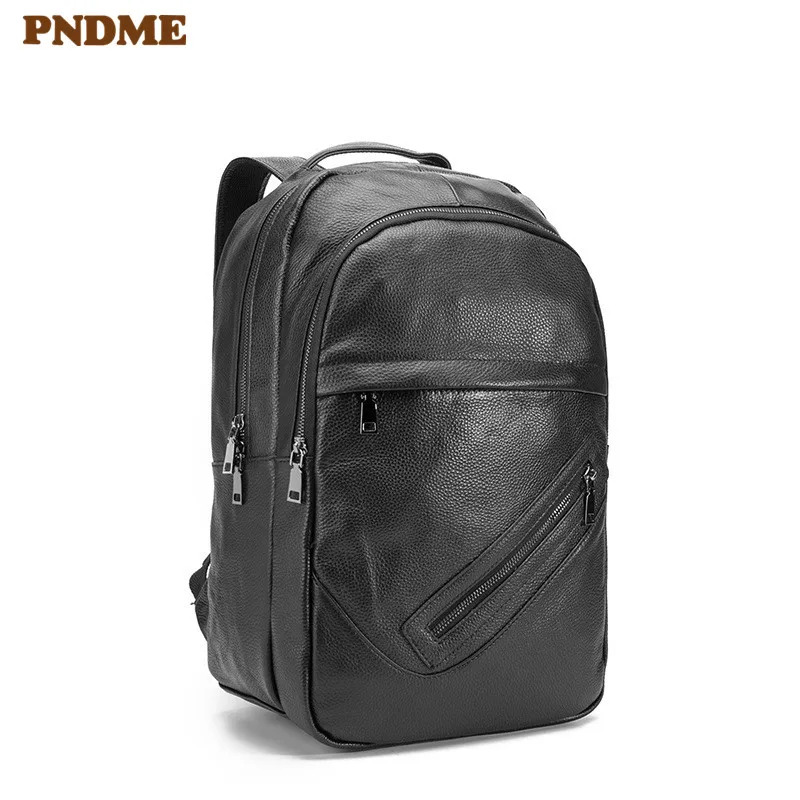 

PNDME casual simple black genuine leather men's women's backpack large capacity laptop bagpack waterproof travel bookbags