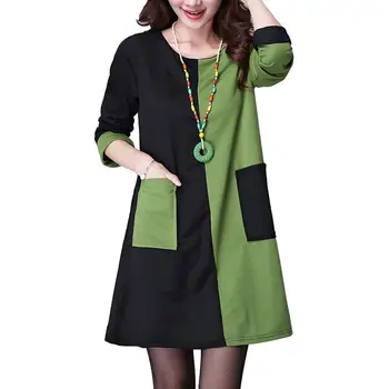 

Fashion Women Long Sleeve O Neck Color Patchwork Pockets Loose Mini Dress O Neck Color Patchwork Pockets Loose Mini Dress Women