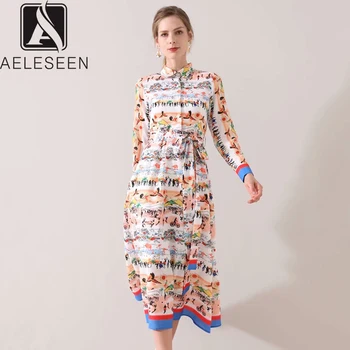

AELESEEN 2020 Spring New Vacation Casual Style A-Line Dresses Women Elegant Bow Sashes Contrast Sleeve Beach Print Midi Dress