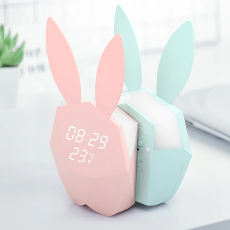 

Cute rabbit LED alarm clock night light with music voice charging bedside clock family decorations cartoon alarm clock