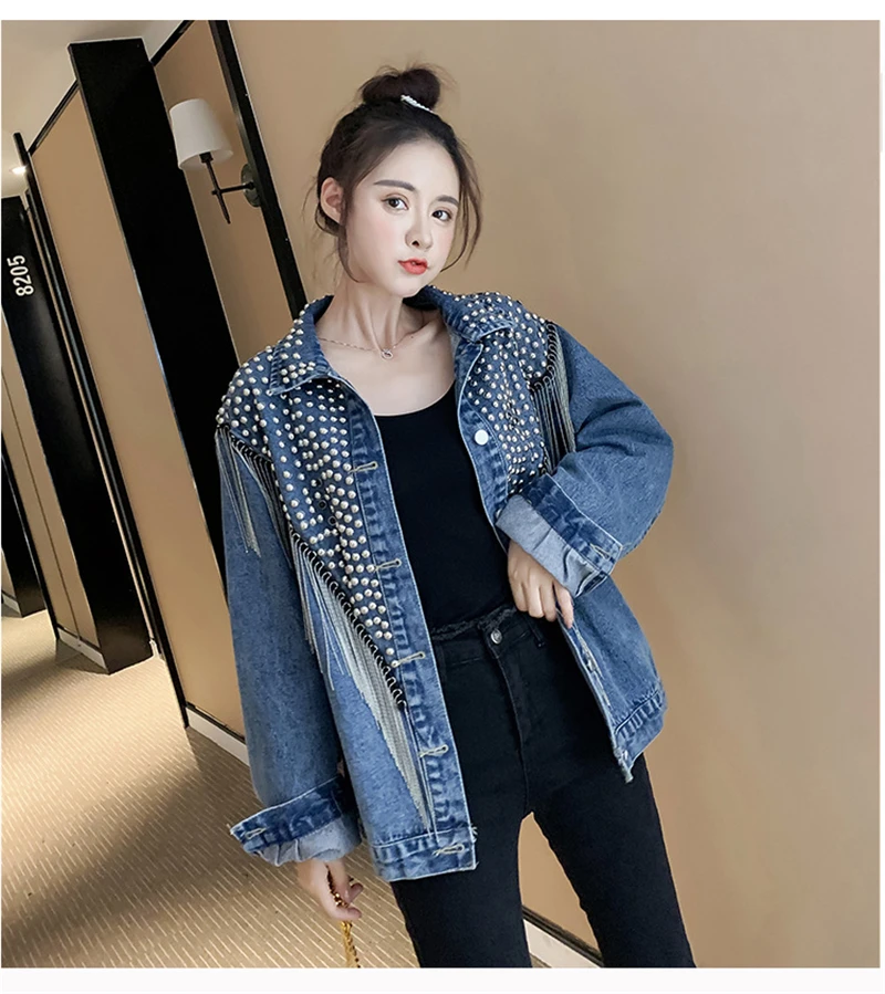 

Beading Denim Coat Women Autumn Spring Long Sleeve Tassel Loose Jean Tops Outwear Lady Fashion Jackets