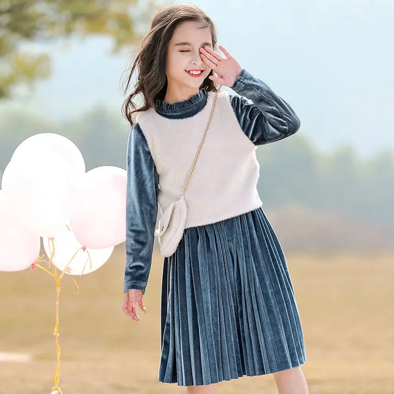 Elegant Winter Dress Princess Long Sleeve Tutu Velveteen Dress Children Party Clothing Kid