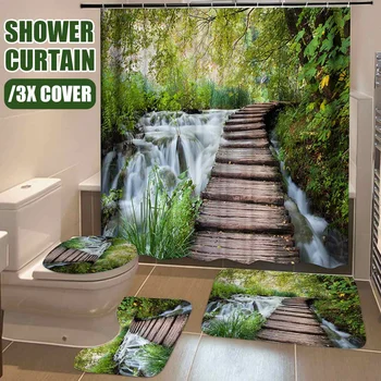 

180x180cm Bathroom Set Shower Curtain Non-slip Mats Bath Carpets Toilet Seat Cover Lid Floor Mat Bathroom Decor Bridge Streams