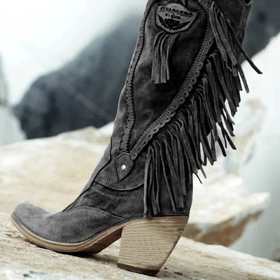 Женские Стильные теплые ботинки на меху на среднем каблуке в этническом стиле замшевые ботинки модные высокие ботинки с бахромой зимние вышитый ботинок