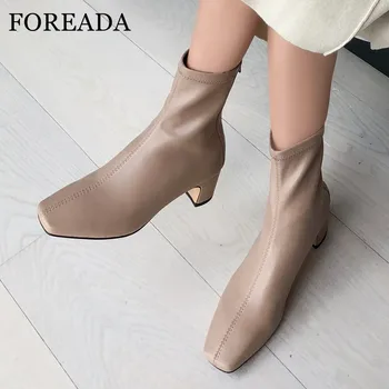 

FOREADA Square Toe Woman Boots Med Heel Ankle Boots Chunky Heel Short Boots Zipper Female Shoes Autumn Winter White Black 33-41