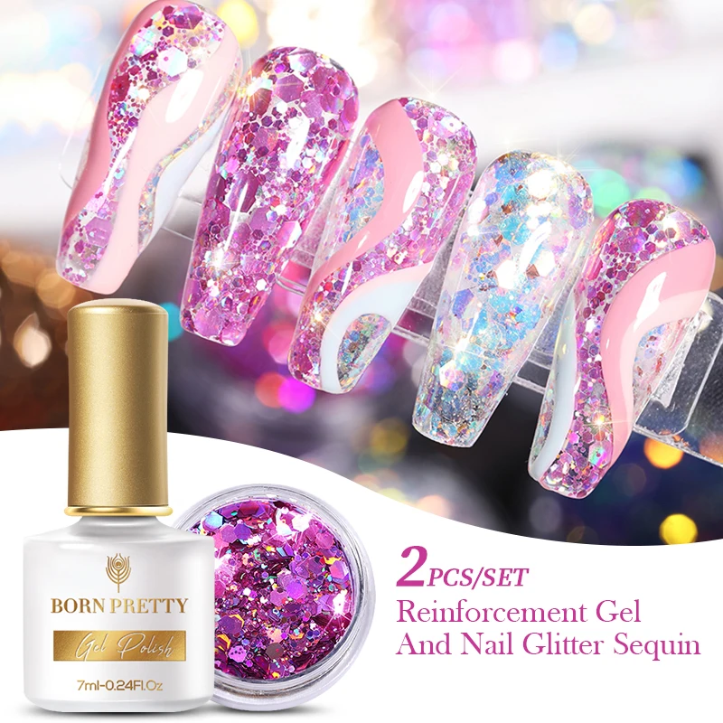 BORN PRETTY 2PCS Reinforcement Gel Nail Polish Set With Shining Glitter Sequins Hybrid Varnish