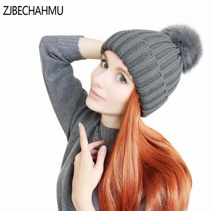 

ZJBECHAHMU New mink and fox fur ball cap pom poms winter hat for women girl hat knitted beanies cap brand new thick female cap