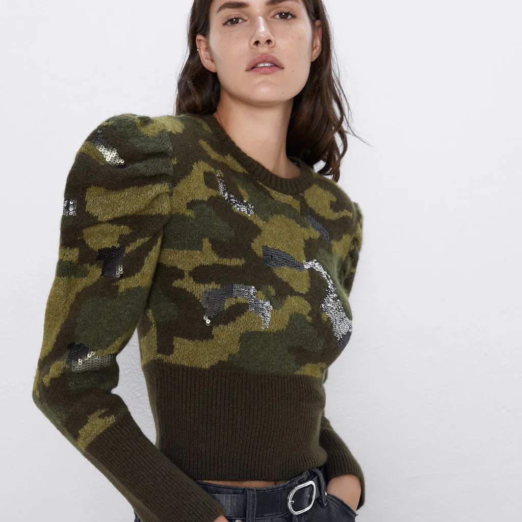 ZA осенний модный винтажный свитер женский пуловер Повседневный Boho короткий теплый свитер женский этнический Камуфляжный свитер